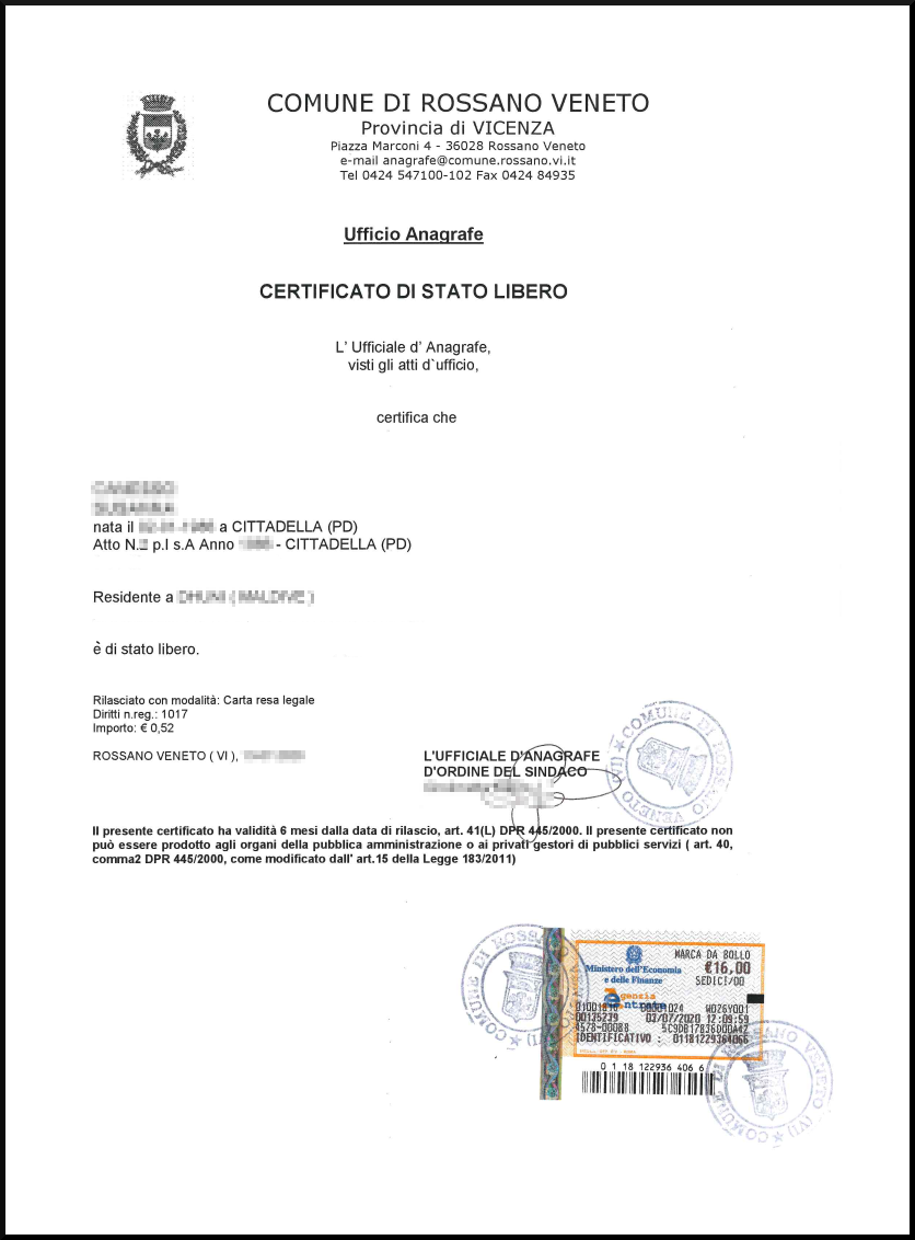 certificato di Stato libero